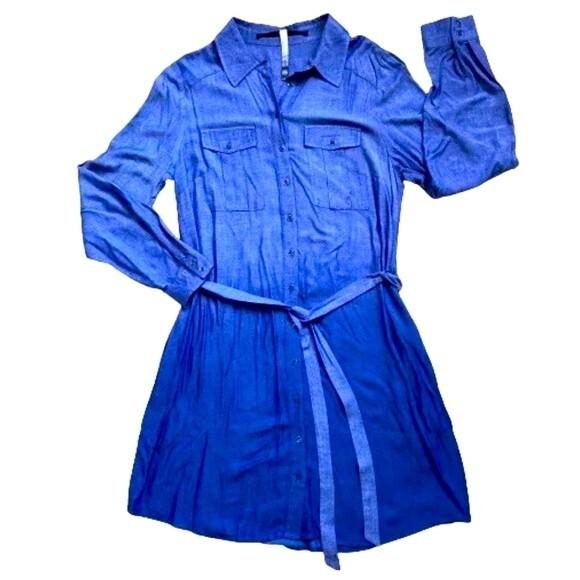 KENSIE Ombre Belted Tie-Waist Roll-Tab Shirt Dress Blue Size Medium $119 - Picture 1 of 13
